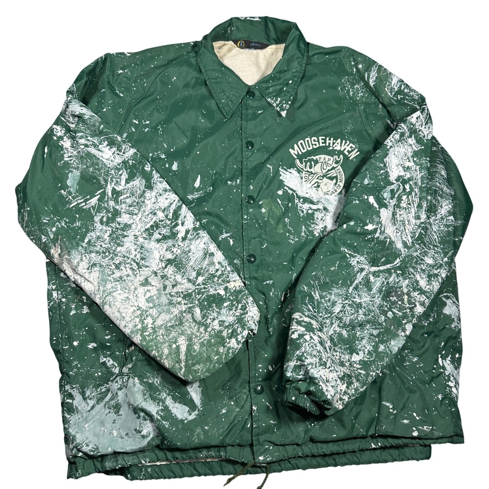 1970s Crazy Paint Stained Vintage Champion Windbreaker Coaches Jacket Green XL